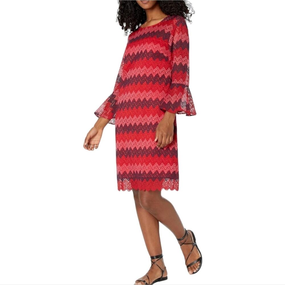 Trina Turk Women's Lovey Bell Sleeve Illusion Dress in Lipstick Heartbeat Lace 4